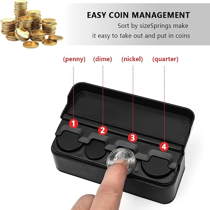 Compact Coin Holder for Car - 4 Compartment&Automatically Holds Coins Coin Organizer(1 Dollar,Quarter,Dimes) - Universal Center Console Coin Case for Car Taxi SUV Truck