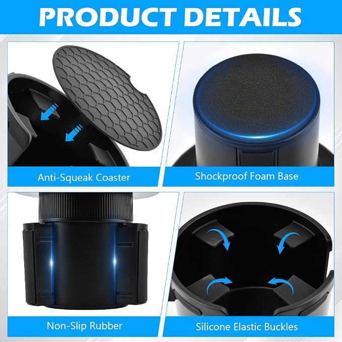 2-in-1 Car Cup Holder Expander, Adjustable Car Extender Adapter with Non-Slip Base - No Spill Cup Holder Extender with 4 Hooks for Yeti, Hydro Flask, Stanley Large Tumblers (10-48oz)