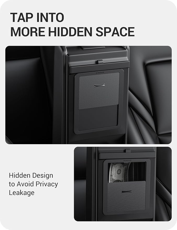 BASENOR Upgraded Tesla Model Y Model 3 Armrest Hidden Storage Box [Carbon Edition] [Powerful Magnetic] Center Console Secret Compartment Accessories 2017-2024 (Proprietary Design)