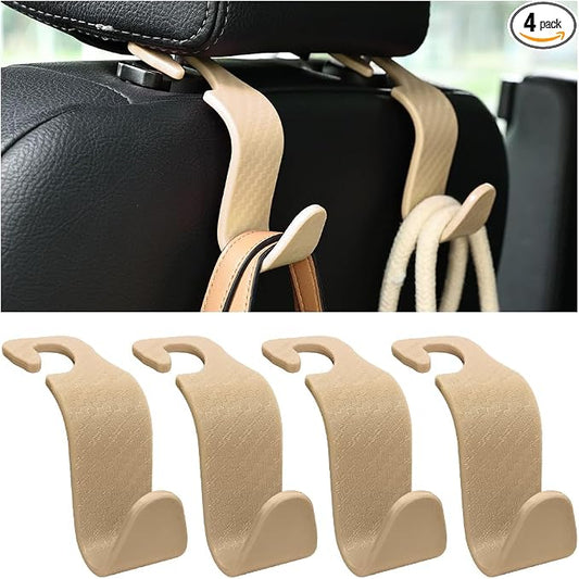 4PCS Car Seat Headrest Hooks, Auto Back Seat Hanger Holder, Durable Stylish Vehicle Organizer Universal Car Interior Accessories, Storage Hooks for Purses, Bags, Clothes (Carbon Fiber/Beige)