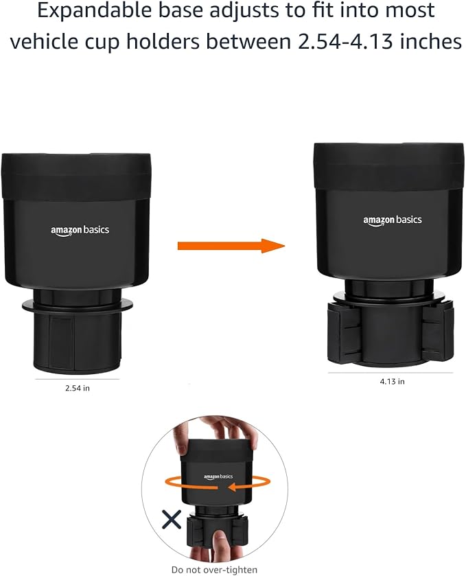 Amazon Basics Car Cup Holder Expander with Adjustable Base, Securely Holds Large Bottles 3.4 to 3.8 in Diameter, Compatible with Yeti, Hydro Flask, Easy Installation, Black