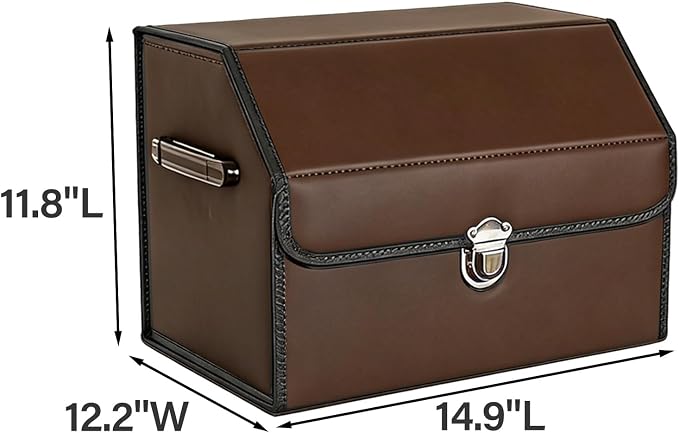 Leather Storage Box Car Trunk Organizer for Trunk SUV Sedan, Leather Foldable Storage Box with Lid (Brown 14.9" L*12.2" W*11.8" H)