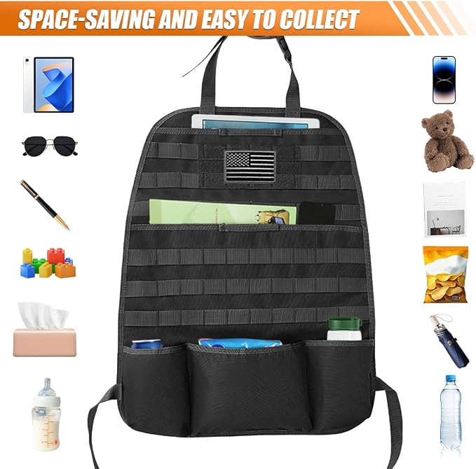 Tactical Molle Car Seat Back Organizer, Vehicle Panel Car Seat Back Cover Protector with 5 Storage Pouch, Universal Backseat Storage Organizer with USA Flag Patch for Car SUV Truck MPV (Black-2 Pcs)