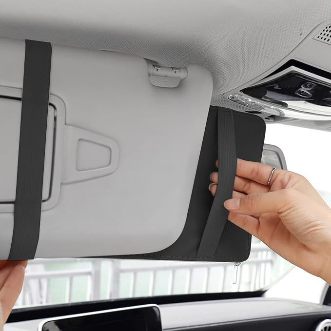 2 Packs Car Sun Visor Multi-Pocket Organizer for SUV & Truck, Auto Visor Storage Pouch with Big Zipper Pocket, Card Sleeve, Driving License, Insurance, Sunglasses, Pen, Key, Lipstick