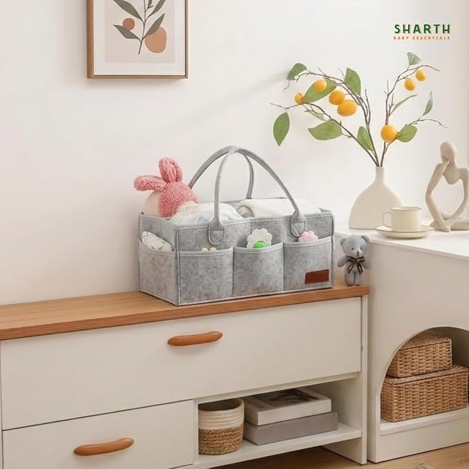 Sharth Baby Diaper Caddy Organizer with Upgraded Stitched Edges – Foldable Felt Nursery Organizer with Handle, Removable Dividers & 8 Outer Pockets, Portable Baby Shower Registry Gift (Gray)