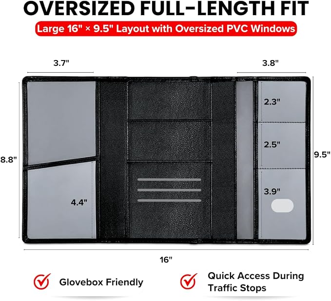 LINTRU Car Registration and Insurance Holder, 12-Pocket Trifold, Glove Box | 3.0mm Reinforced, 16"×9.5" Oversized, Elastic Strap No Magnet, PU Leather, Car Accessories for Men Women