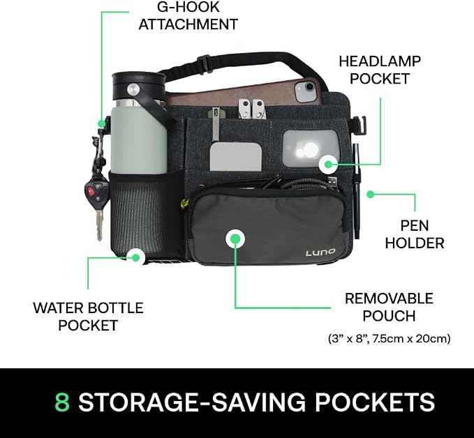 Luno Backseat Car Organizers - Travel Organizer for Road Trip Essentials w/iPad Holder, Snap-On Pouch, Bottle Slot & G-Hooks for Road Trip & Camping - Seat Protector & Organizer Fits All SUVs & Cars