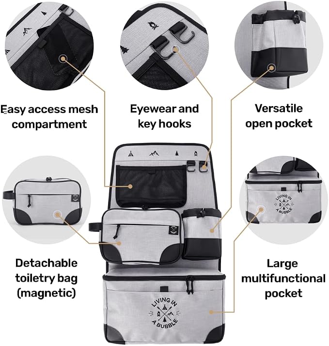 Living in a Bubble Seat back Organizer – Magnetic Toiletry and Cooler Pouch, Cordura Car Backseat Storage with Device Holder & Hooks, Multi-Compartment Utility Bag for Campervans & Family Travel