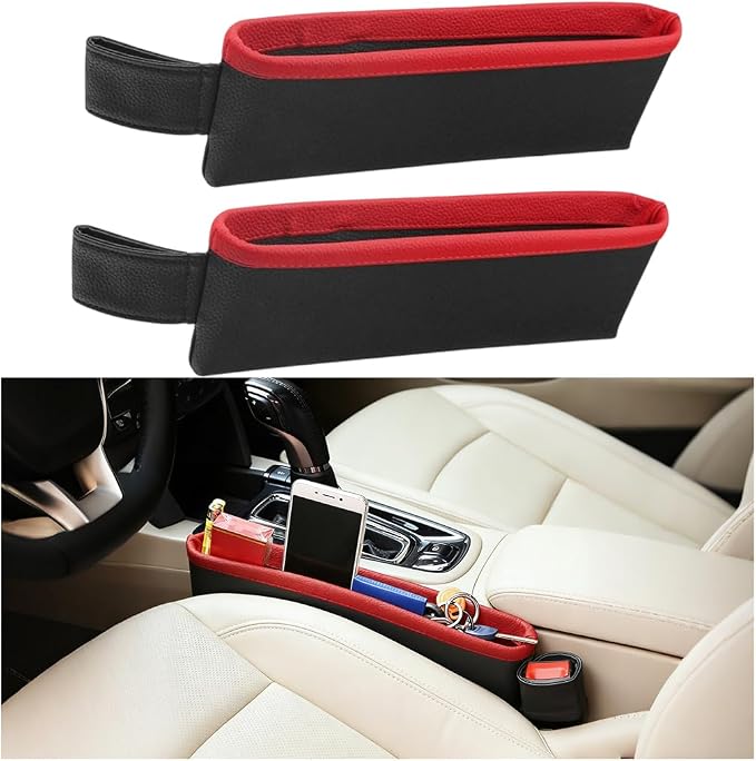 2PCS Car Seat Gap Filler Organizer, Leather Seat Gap Catcher Holder Pocket for Phones Keys Glasses, Auto Center Console Side Crevice Stopper Storage Box, Universal for Vehicles (Black/Red)