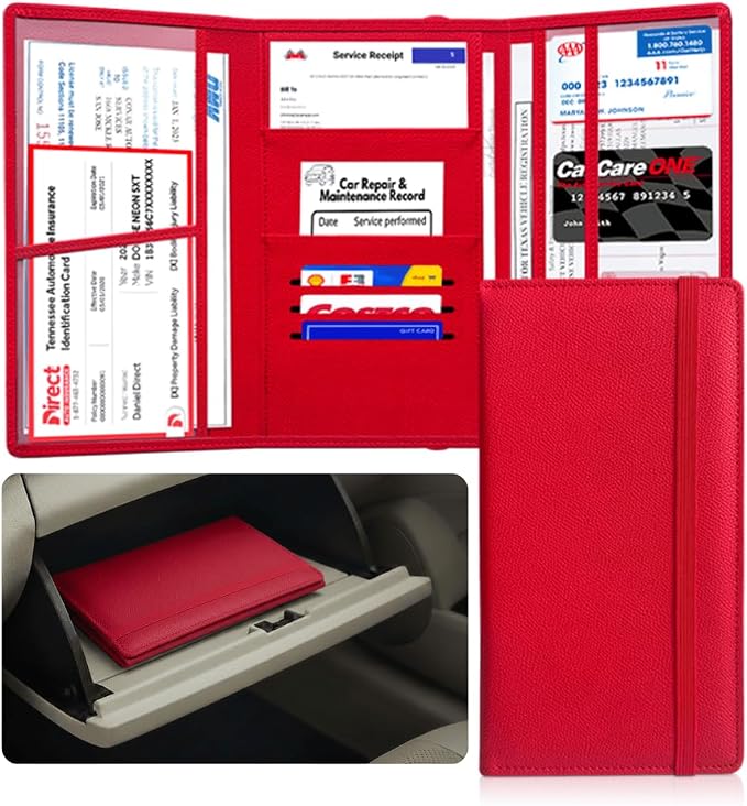 LINTRU Car Registration and Insurance Holder, 12-Pocket Trifold, Glove Box | 3.0mm Reinforced, 16"×9.5" Oversized, Elastic Strap No Magnet, PU Leather, Car Accessories for Men Women
