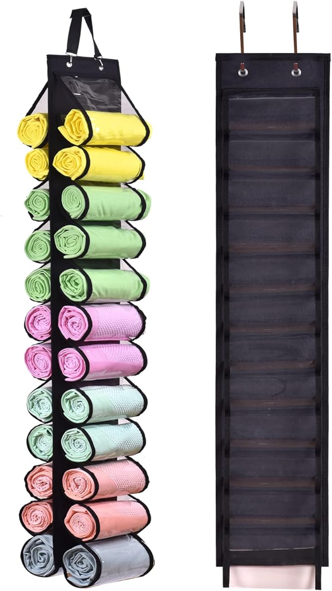 Legging Storage Bag Storage Hanger Can Holds 24 Leggings or Shirts Jeans Compartment Storage Hanger, Foldable Leggings Organizer Clothes Portable Closets Roll Holder (Black)