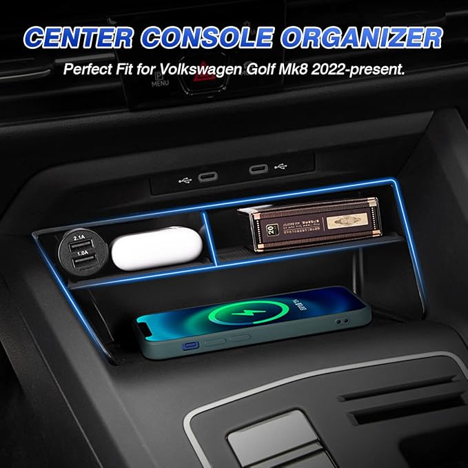 Karltys Center Console Organizer, Storage Box with Non-Slip Silicone Mat, Center Console Tray Insert Secondary for VW Volkswagen Golf GTI R MK8 2022-2025 2026 Accessories
