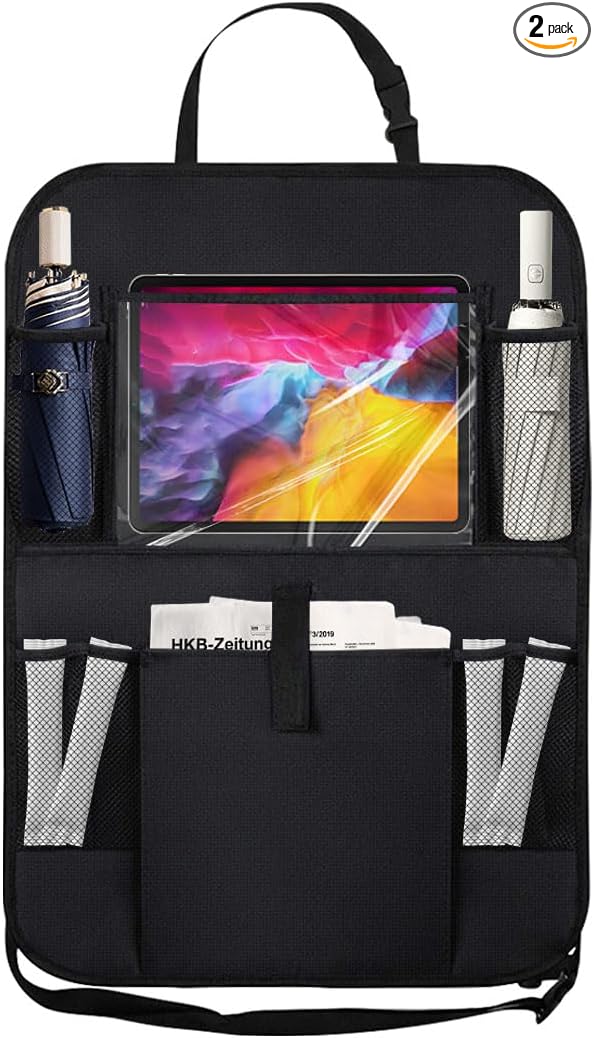 Car Backseat Organizer with Clear 10" Tablet Holder + 5 Storage Pockets - Seat Back Protector Kick Mats for Kids - Car Back Seat Storage Organizer - Road Trip Essentials Travel Accessories (1PC)