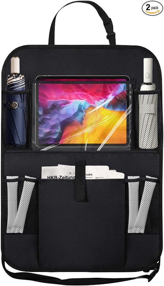 Car Backseat Organizer with Clear 10" Tablet Holder + 5 Storage Pockets - Seat Back Protector Kick Mats for Kids - Car Back Seat Storage Organizer - Road Trip Essentials Travel Accessories (1PC)