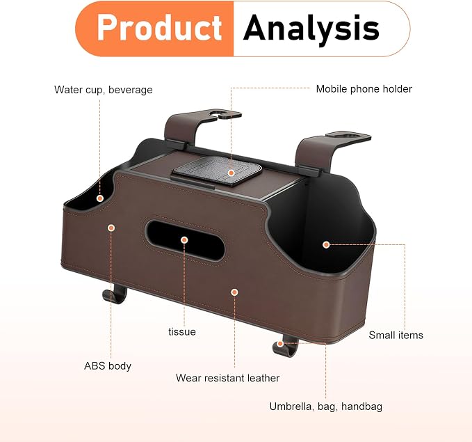 Car Back Seat Organizer, Leather Snap-on Seatback Storage Pocket, Multi-functional Storage Box for Phone Holder Tissues Cup Bracket Hanging Bag, Universal for Most Vehicles (Brown)