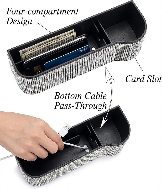 Bling Bling Car Seat Organizer Front Seat Gap Filler with Crystal Rhinestones Diamond, PU Leather Car Seat Console Storage Organizer for Car Accessories (Silver)