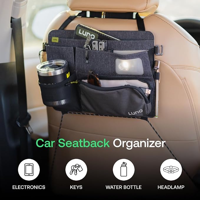 Luno Backseat Car Organizers - Travel Organizer for Road Trip Essentials w/iPad Holder, Snap-On Pouch, Bottle Slot & G-Hooks for Road Trip & Camping - Seat Protector & Organizer Fits All SUVs & Cars