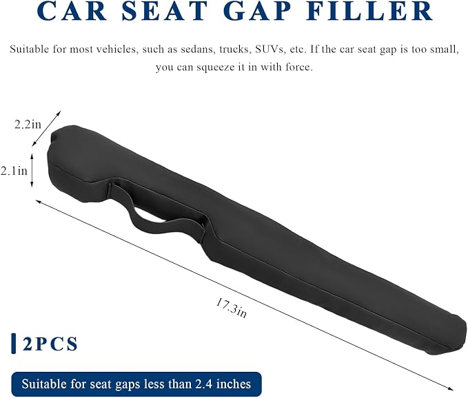 2 PCS Leather Car Seat Gap Filler, No Drop Auto Gap Seam Filler Slide Free Pad with Securing Strap, Seat Crevice Plug Drop Blocker Between Seats & Consoles for SUV Truck Sedan (Black)