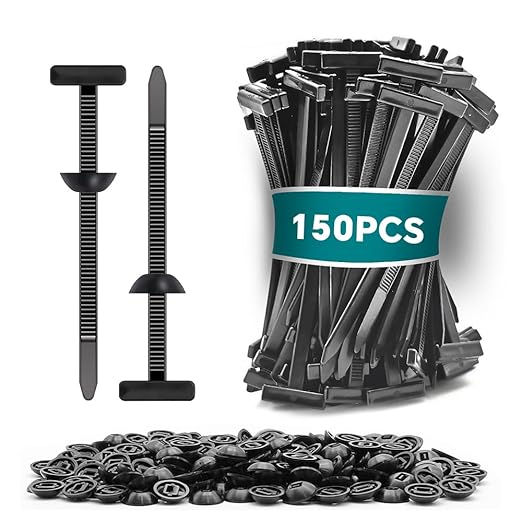 Nylon Universal Cable Tie Buckle, Zipper Clips for Cars, T Style Zip Ties Button Fixion Tools, Automotive Plastic Rivet Push Pin, Auto Body Parts Trim, Bumper Retainer Fender Liner (Black 150PCS)