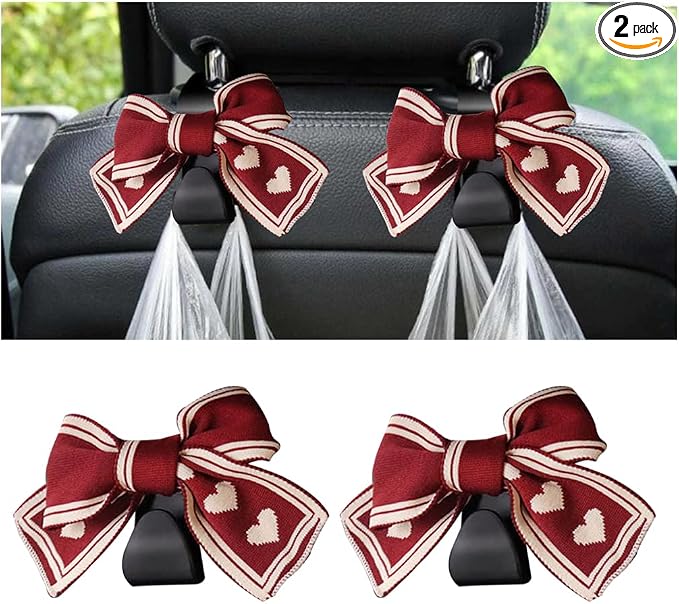 Mandark 2PCS Car Seat Headrest Hooks, Cute Bow Vehicle Hooks for Purses and Bags, Automotive Purse Hook Hanger Interior Decoration Accessories, Universal for SUV, Sedan, Truck (Red Line)