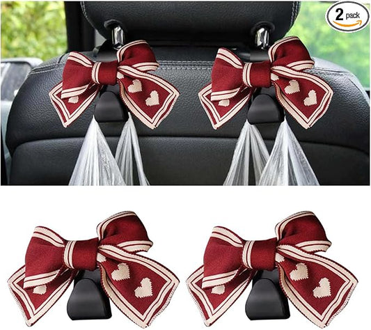 Mandark 2PCS Car Seat Headrest Hooks, Cute Bow Vehicle Hooks for Purses and Bags, Automotive Purse Hook Hanger Interior Decoration Accessories, Universal for SUV, Sedan, Truck (Red Line)