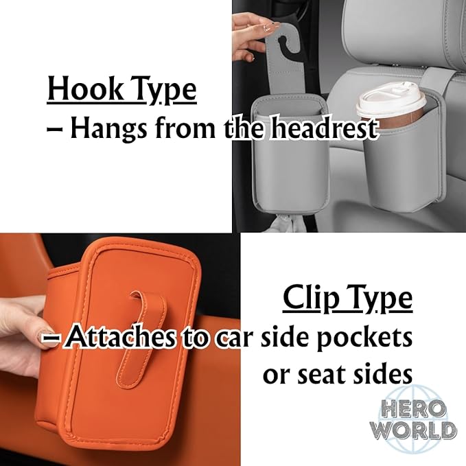 Large PU Leather Car Door Cup Holder Clip On or Hook Style Drink Holder Seat Side Hanging Storage Pocket for Water Bottle Coffee Cup Rear Back Seat Organizer (Clip, Caramel)