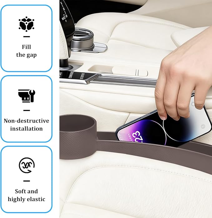 Car Seat Gap Filler, 2PCS Anti-Drop Multifunctional Vehicle Seat Side Gap Plug with Storage Slot, Automotive Blocker Seam Filler Console Organizer, Universal for SUV RV Truck (Brown)