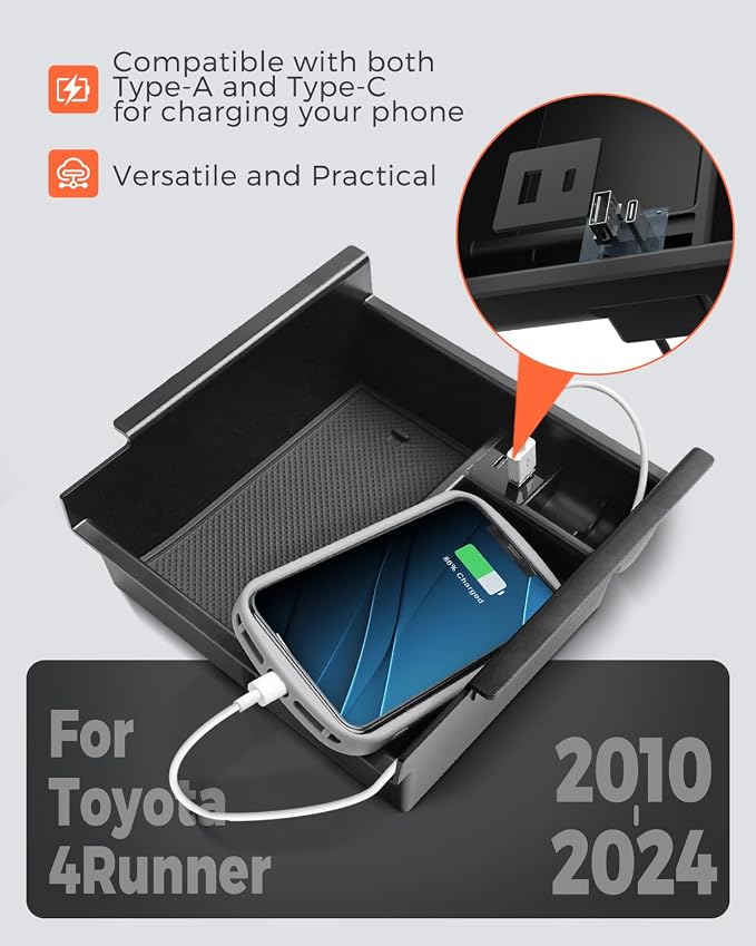 Upgrade for Toyota 4Runner Center Console Organizer Tray with USB Port 2010-2023 2024, Secondary Insert Storage Armrest Box ABS Black Materials for 4Runner 2010-2024 5th Gen Car Accessories