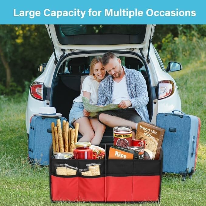 Simple Deluxe Trunk Organizer for Car/SUV/Truck, Collapsible 2 Compartment 50L Automotive Storage Box with 5 Pocket, 600D Waterproof Oxford Polyester, Anti-slip & Leak-proof, Red