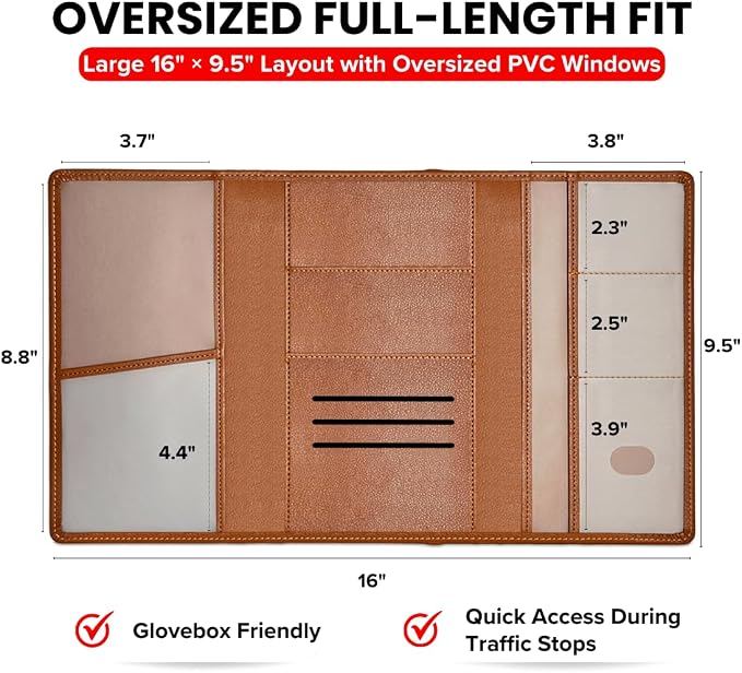LINTRU Car Registration and Insurance Holder, 12-Pocket Trifold, Glove Box | 3.0mm Reinforced, 16"×9.5" Oversized, Elastic Strap No Magnet, PU Leather, Car Accessories for Men Women