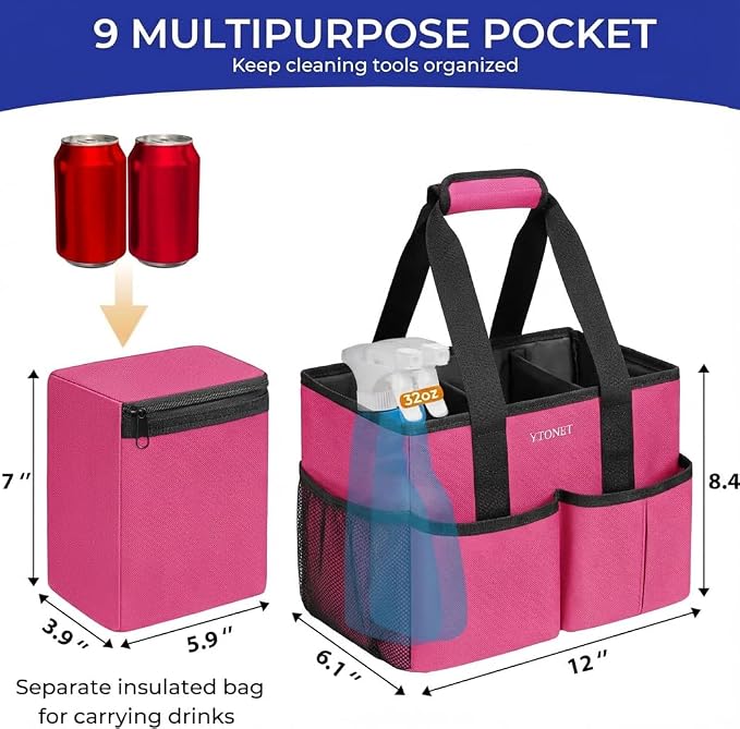 Ytonet Cleaning Caddy, Water Resistant Cleaning Supplies Organizer with Handle & Foldable Divider for Cleaners, Housekeeping Tote for Kitchen & Bathroom, Car Tool Caddy Organizer Bag, Rosered