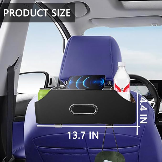 AUCELI Car Seat Back Organizer with Cup Holder and Tissue Box, Headrest Hanging Storage Box with Hooks and Phone Holder, Multi-Function Travel Tray for Kids, Road Trip Car Accessories