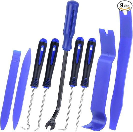 9Pcs Auto Trim Removal Tool Kit with Plastic Pry Tool, Fastener Clip Pliers, Car Interior Panel Door Window Removal Tools, Clip Remover Tool with Precision Hook and Pick Set for Automotive