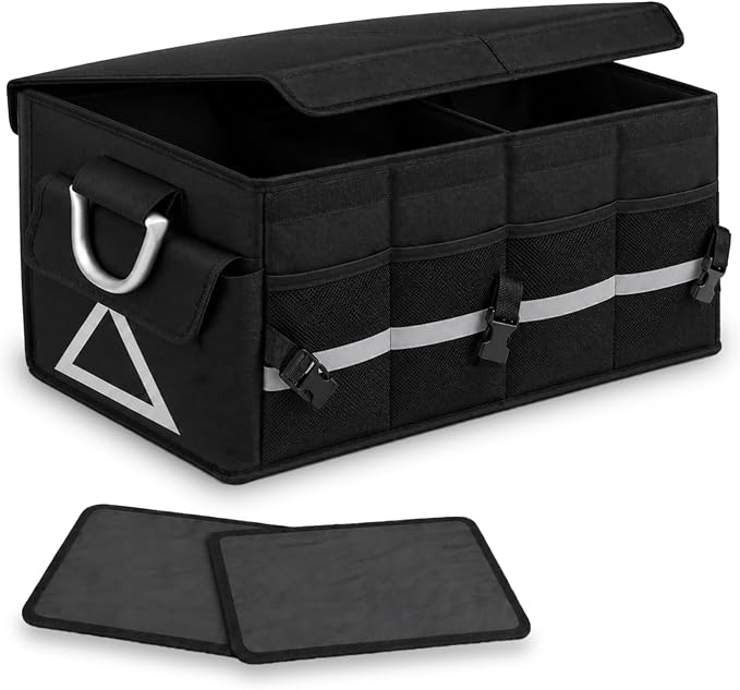Car Trunk Organizer with Lid, Collapsible SUV Trunk Organizer, Foldable Cargo Organizer with 4 Compartments, Non-Slip Bottom, Securing Straps, Large Capacity Storage Bag for SUV Truck Van, Black