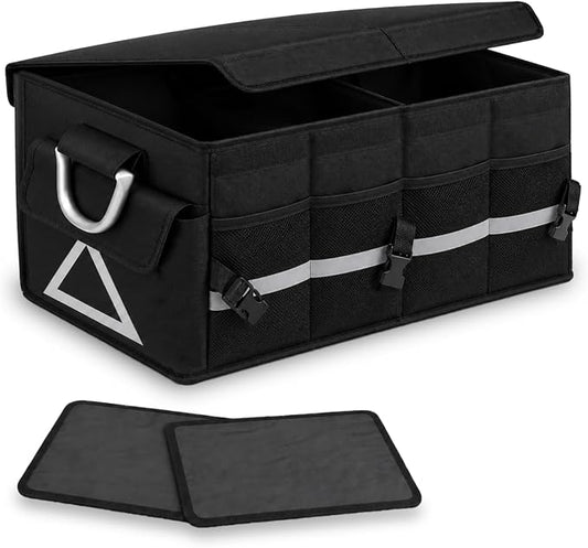 Car Trunk Organizer with Lid, Collapsible SUV Trunk Organizer, Foldable Cargo Organizer with 4 Compartments, Non-Slip Bottom, Securing Straps, Large Capacity Storage Bag for SUV Truck Van, Black