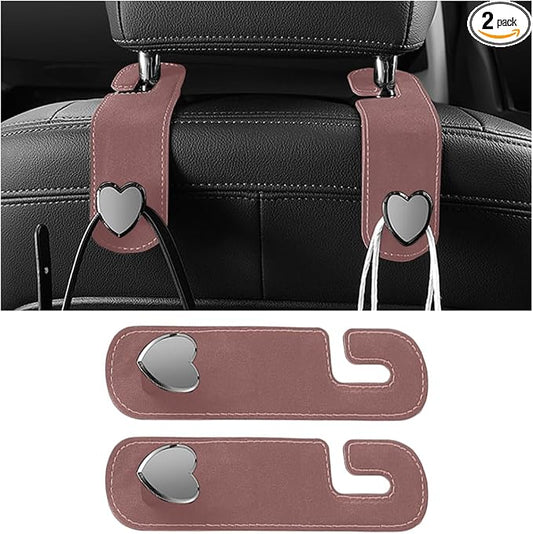 Car Seat Headrest Hook, 2PCS Suede Leather Cute Love Heart Type Vehicle Storage Hanger for Purse Bag, Auto Interior Seat Back Organizer Accessories, Universal for SUV Sedan Truck (Brown)