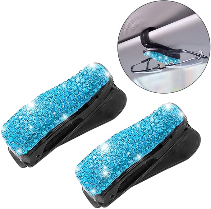 Moly Magnolia Bling Car Glasses Holder, 2PCS Handcrafted Crystal Rhinestones Fashion Car Sunglasses Mount with Card Clip for All Sun Visors, Auto Interior Accessories for Women Girl (Light Blue)