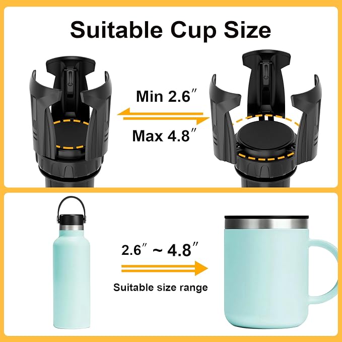 Cup Holder Expander (Adjustable Holder & Base, Auto-Fit Hold, One Button Open), Car Cup Holder Expander for Yeti, Hydro Flask, Nalgene, Owala, Bottles in 2.6"- 4.8" (Light Black, 2 Pack)