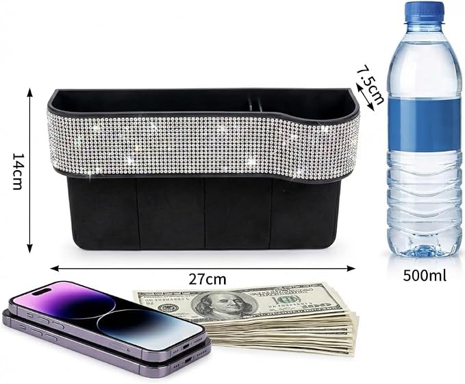 Bling Bling Car Seat Organizer Front Seat Gap Filler with Crystal Rhinestones Diamond, PU Leather Car Seat Console Storage Organizer for Car Accessories (Silver)