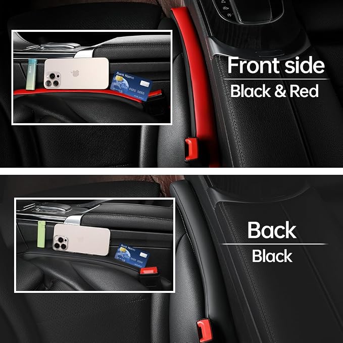 2Pack Leather Car Seat Gap Filler Anti-Drop Console Organizer, Scratch-Resistant Waterproof Easy to Clean, Fits 90% Vehicles Without Blocking Seat Movement (Black&Red)