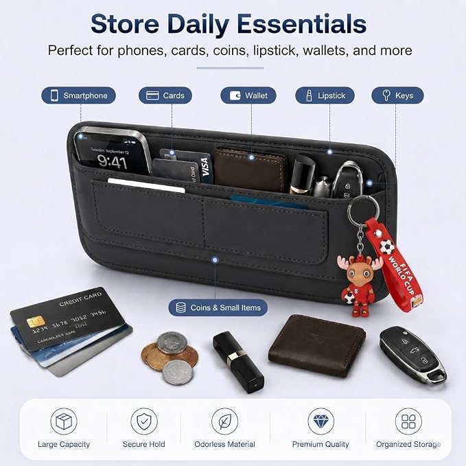 Car Seat Gap Filler, 1 Pack Anti-Fall PU Leather Seat Gap Organizer, Stop Phone Keys Coins Sunglasses from Dropping into Seat Crevice, Universal Front Seat Side Storage for Cars, SUV and Truck