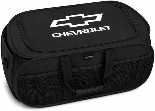 SR1 Performance USA Chevrolet Trunk Organizer - Expandable Pop Up Collapsible Cargo Storage Caddy for Chevy Cars, Trucks & SUVs - Black with Bowtie Logo