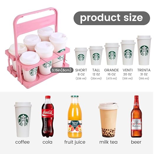 Bodaon Drink Holder Cup Carriers,Delivery Holder for Drinks, (Pink,6-Cup)