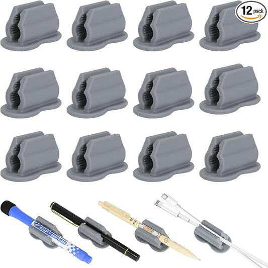 Biottro 12PCS Pen Holder for Desk, Upgraded Adhesive Pen Pencil Holder for Desk Wall Clipboard Car Silicone Pens Markers Pencils Organizer Teacher Supplies Office Supplies (12PCS Gray)
