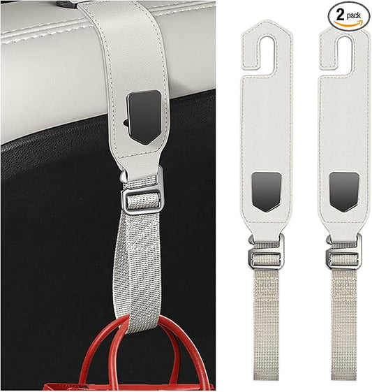 Car Seat Headrest Hooks, 2PCS Adjustable Microfibre Vehicle Seat Back Storage Hanger Holder for Handbag Purse Coat, Auto Interior Headrest Organizer Hook, Universal for SUV RV Lorry (Beige)