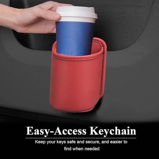 Car Cup Holder, Waterproof Leather Car Door Cup Holder, Clip-On Back Seat Storage Bag & Trash Can, Universal Hanging Drink & Phone Organizer Pocket for Most Cars (Red)
