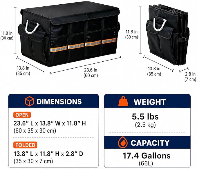 Premium Car Trunk Organizer, Heavy Duty Foldable SUV Storage Box with Non-Slip Bottom, Waterproof Oxford Cloth, Large Capacity Sturdy Cargo Organizer for Car, Truck