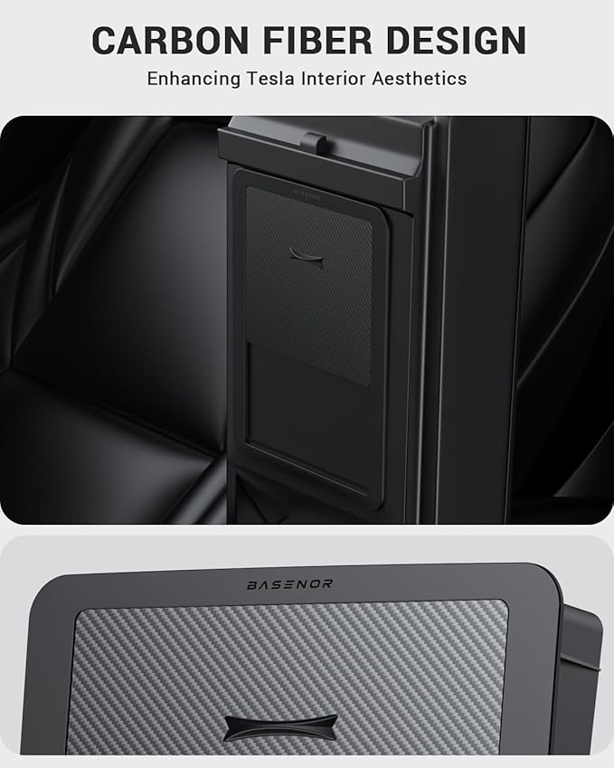 BASENOR 3PCS Center Console Organizer Compatible with Tesla Model Y 2021-2024 & Model 3 2021-2023, [Carbon Fiber Edition] Armrest Hidden Storage Box Interior Accessories