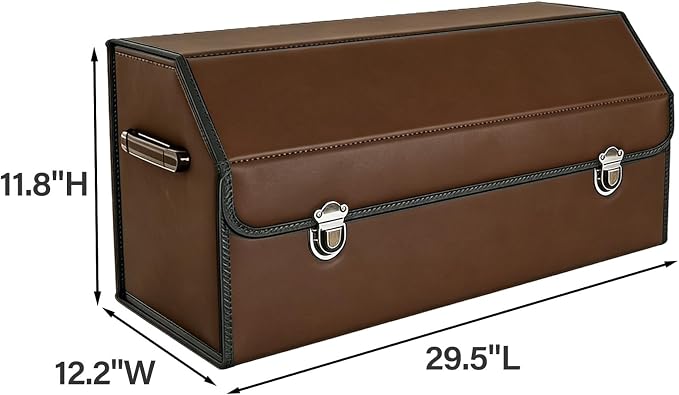 Leather Storage Box Car Trunk Organizer for Trunk SUV Sedan, Foldable Storage Box with Lid (Brown 29.5" L*12.2" W*11.8" H)