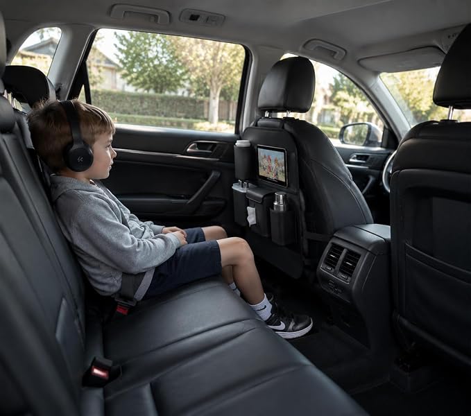 XDV Car Seat Organizers,Multi-functional Back Seat Protectors, Storage Pouches Kick Mats,Child kicking prevention and Tray Holders Tissue Box(for Cars, Kids, Seat Back and Rear Seats) (1, Black)